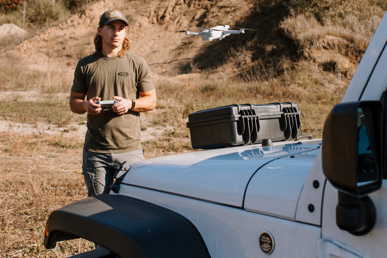 Flying a drone that was stored in a Valkyrie Products case.